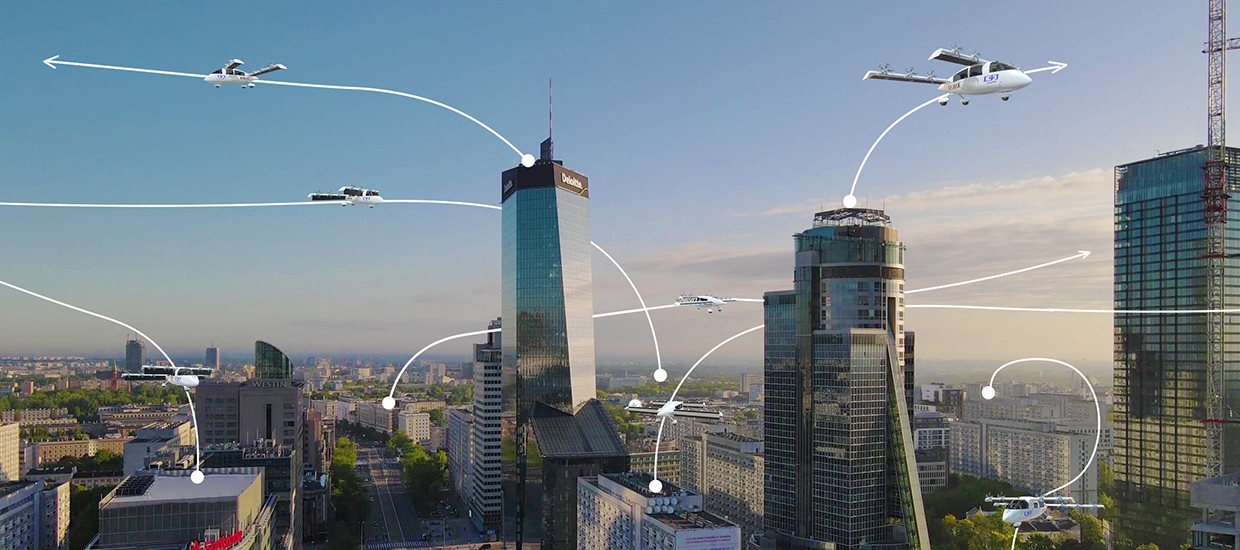 Graphic of autonomous aircraft over a city