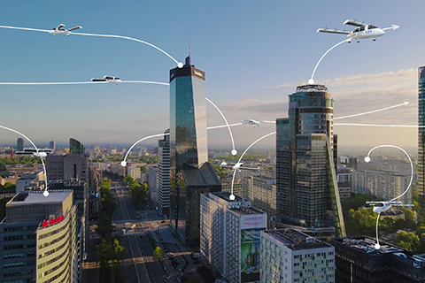 Graphic of autonomous aircraft over a city